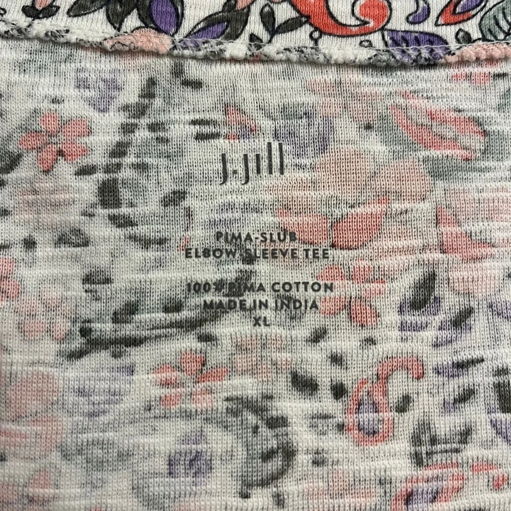 J. Jill Top Pima Slub Elbow Sleeve Tee Shirt V Neck Floral Paisley Pink XL - Picture 4 of 5